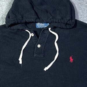Polo Ralph Lauren Men's Black Waffle Knit Long Sleeve Hooded Pullover Shirt L